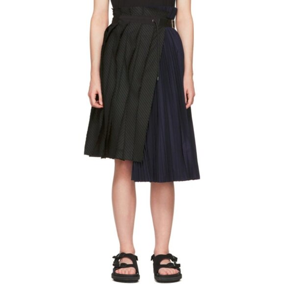 Sacai Black & Navy Pinstripe Docking Pleated Skirt - Picture 1 of 14